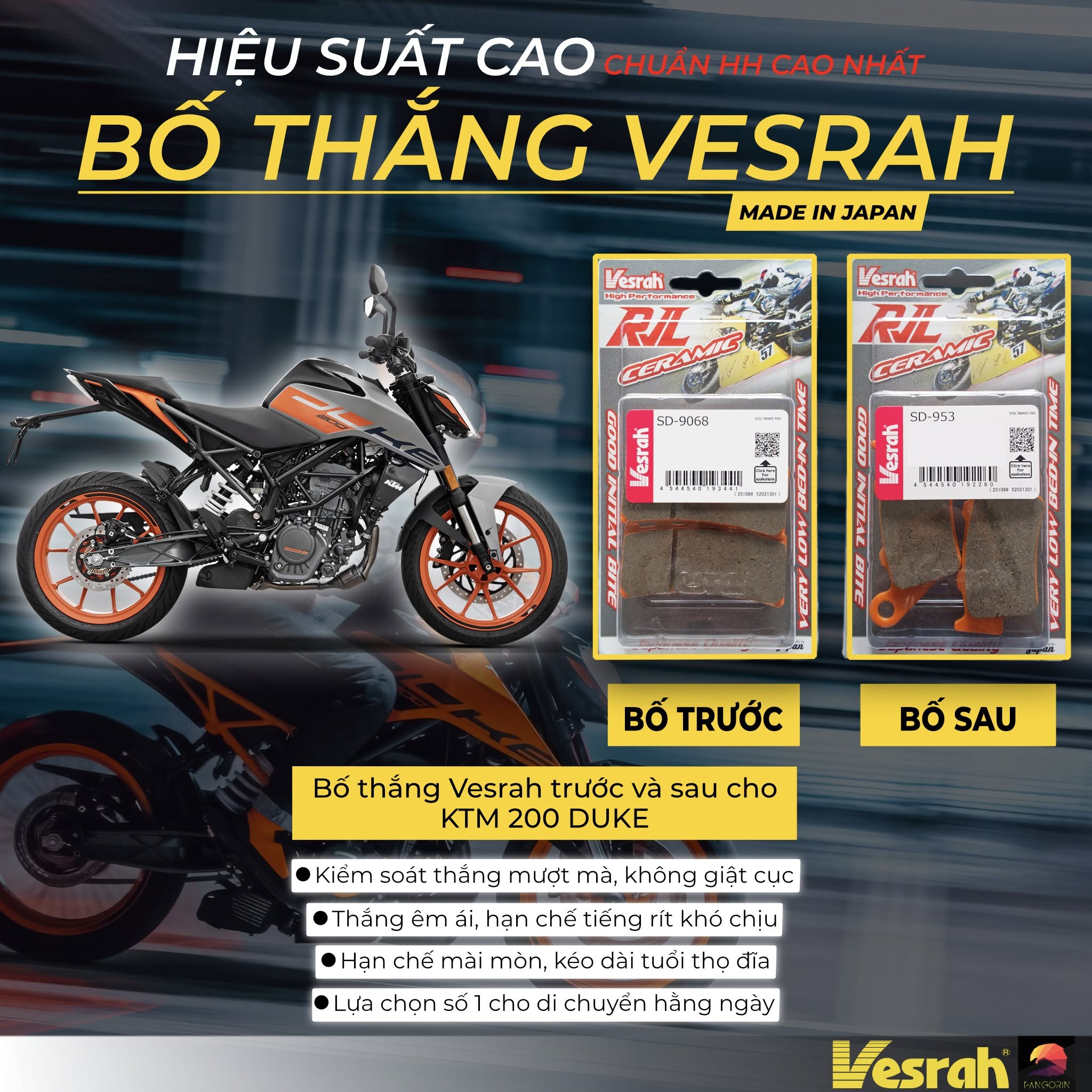 Bố thắng Vesrah trước và sau cho xe KTM Duke 200 do Pangorin đang Phân Phối tại Việt Nam